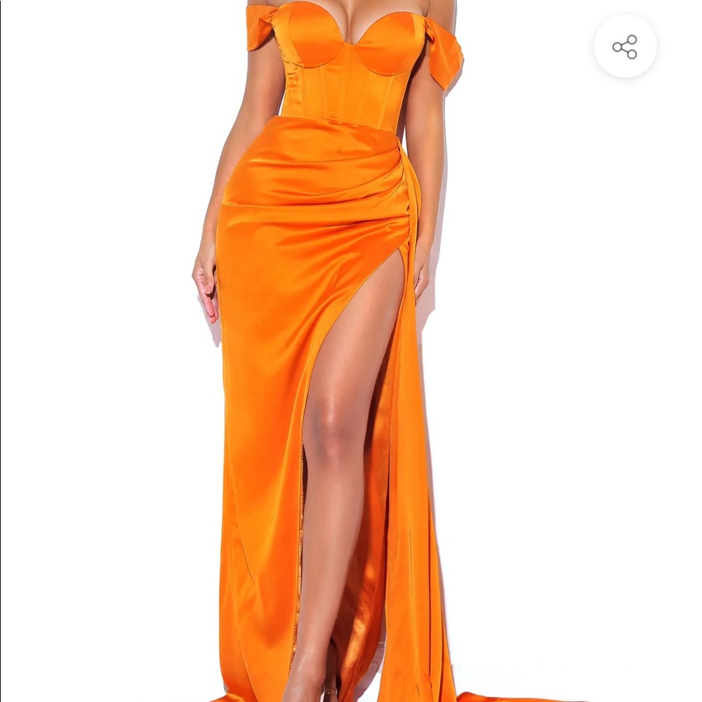 Orange high slit satin gown